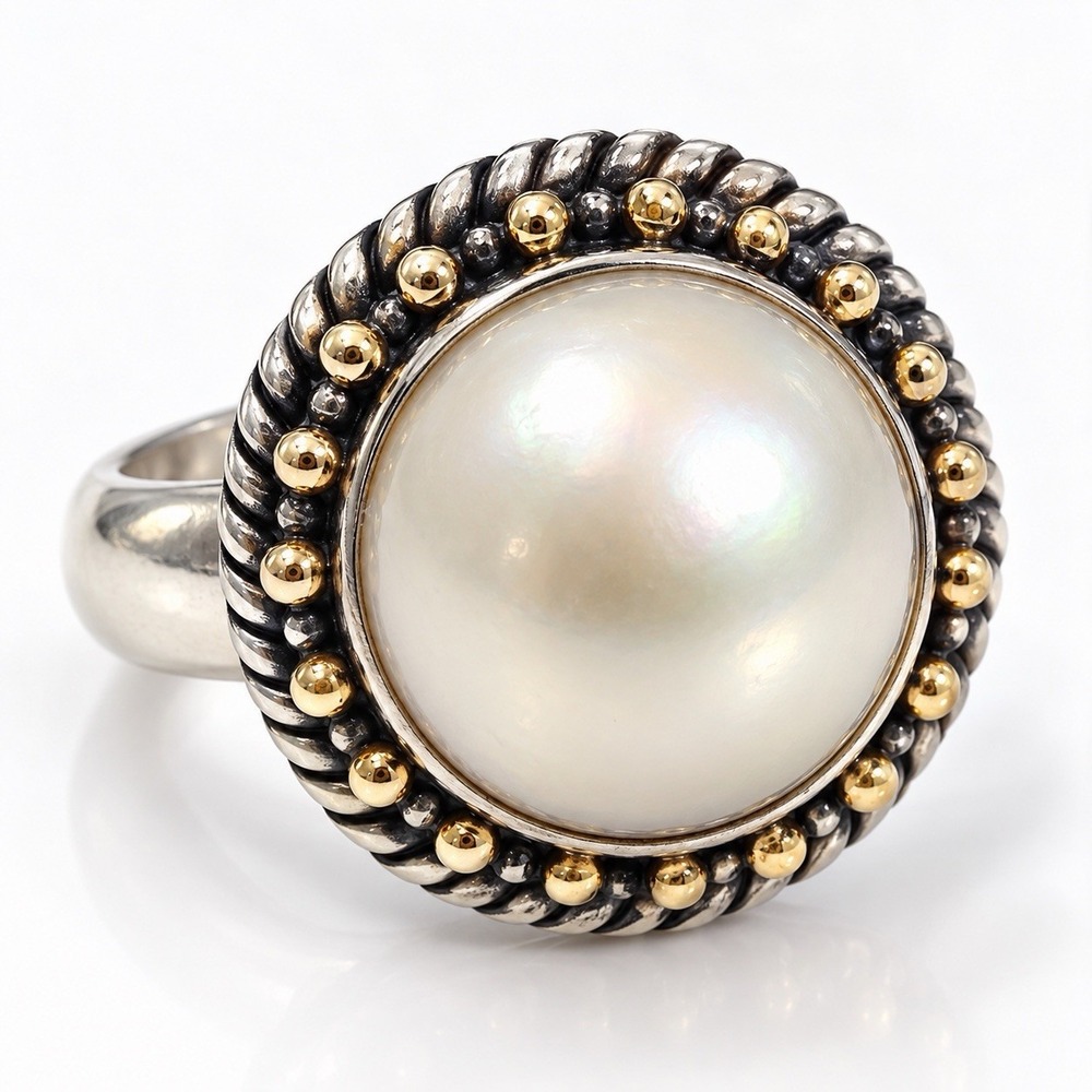 Robert Manse White Mabe Pearl Ring 925 Sterling Silver 18K Gold Bali Sz 7.25